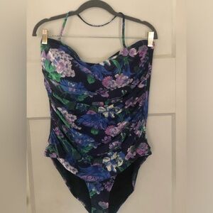 NWT J. Crew Ruched Bandeau Swimsuit, Size 16, one piece, floral print